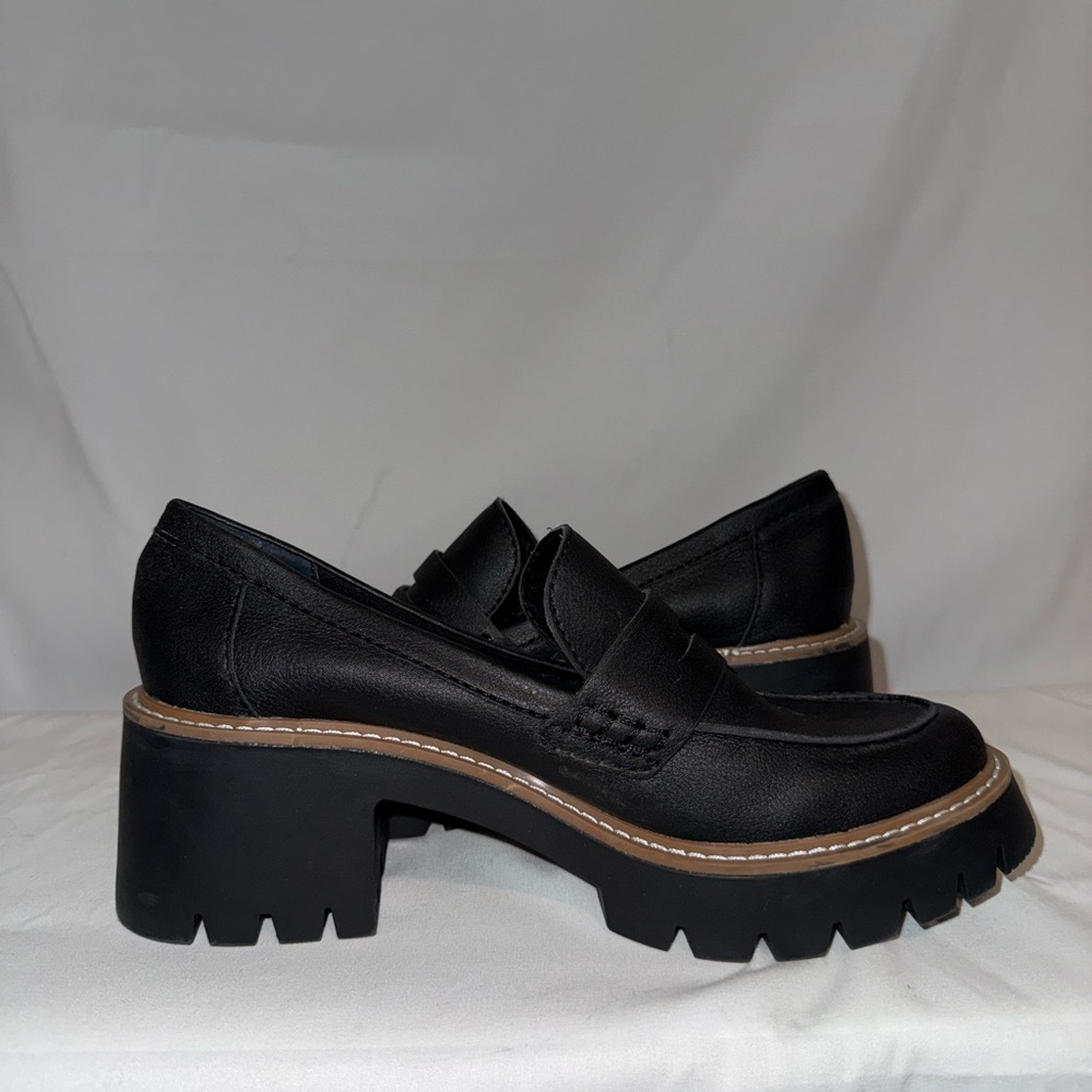 Dolce Vita Hariet Loafers Chunky Black Heel Faux Black Leather / Size 7.5